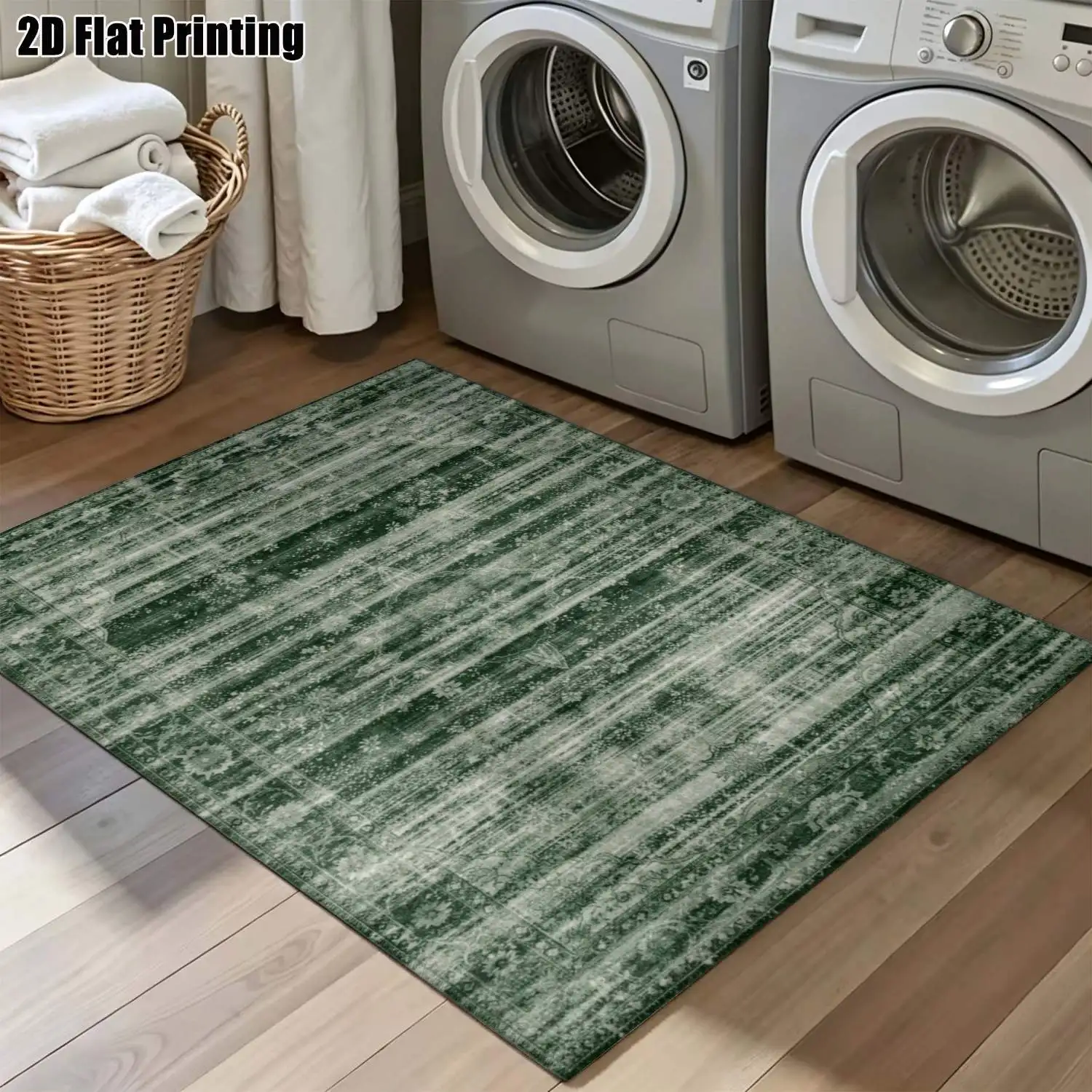 1Pc 2D Printed Retro Striped Dark Green Carpet Nordic Style, Perfect for Minimalist/Vintage Interiors, Machine Washable, Multi-Size, Ideal for Multi-Scene Decor.