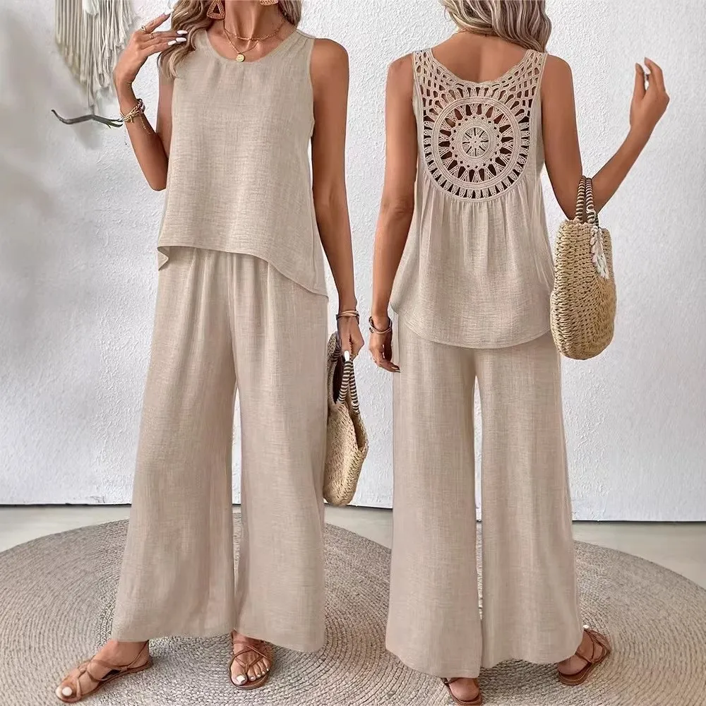 

Women's Summer Casual 2 Piece Set with Tank Top And Wide Leg Pants Crochet Back Vest Sleeveless High Waist Boho Style