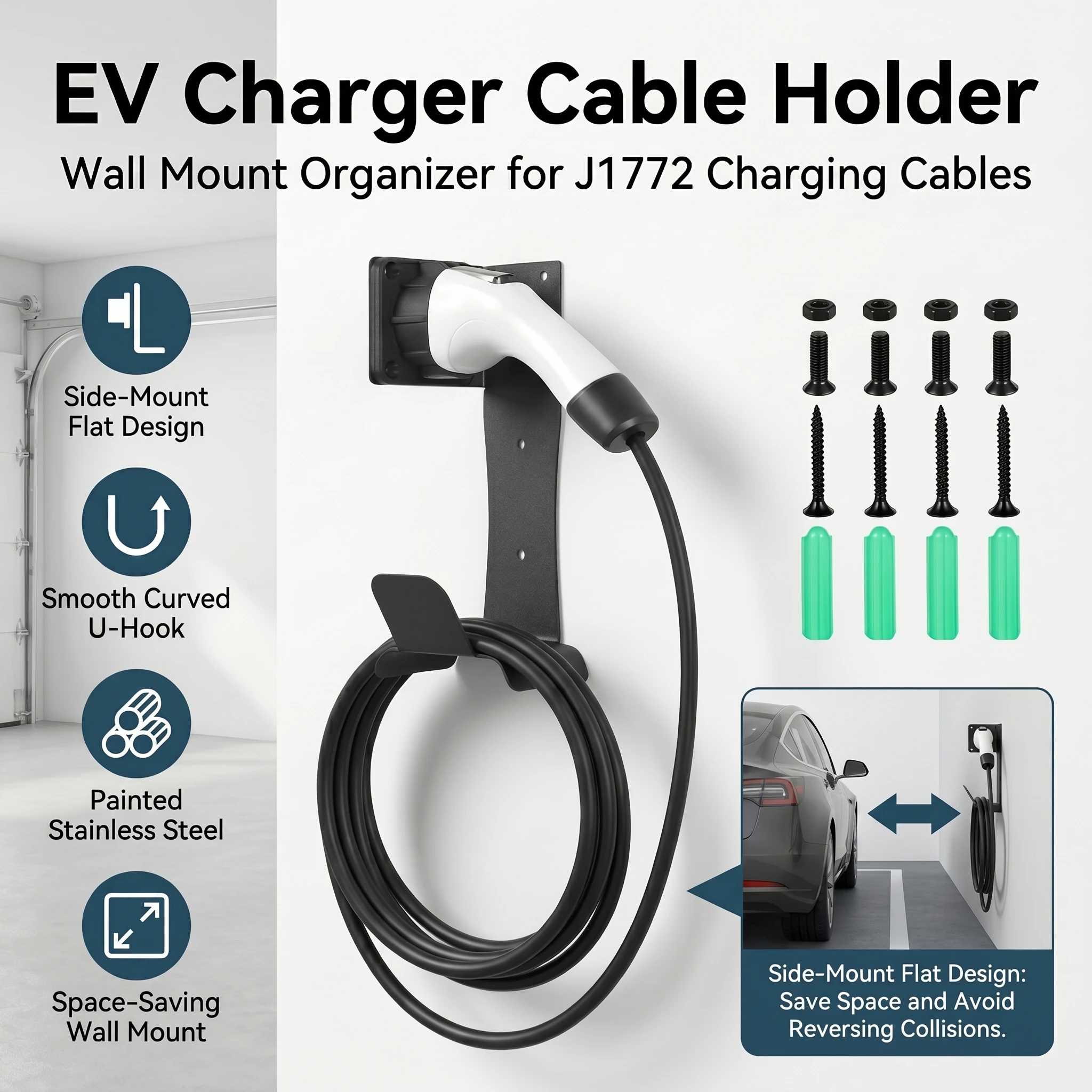 EV Charger Cable Organizer Stainless Steel J1772 Charger Holder Anti Scratch Smooth U Hook Side Mount Wall Bracket Garage Storag
