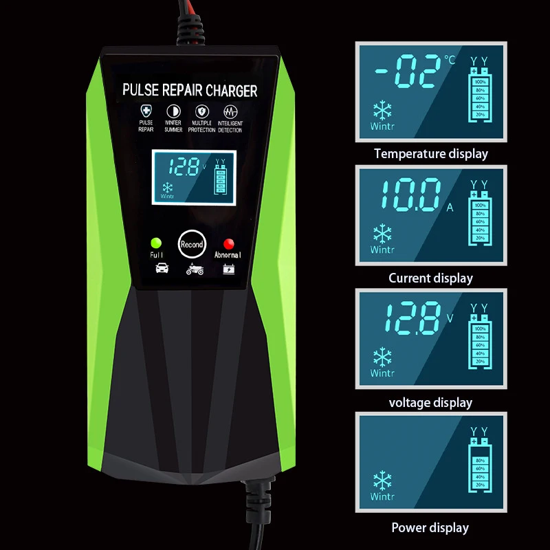 12V 10A Pulse Repair Charger with LCD Display Motorcycle & Car Battery Charger Agm Deep Cycle Gel Lead-Acid Charger