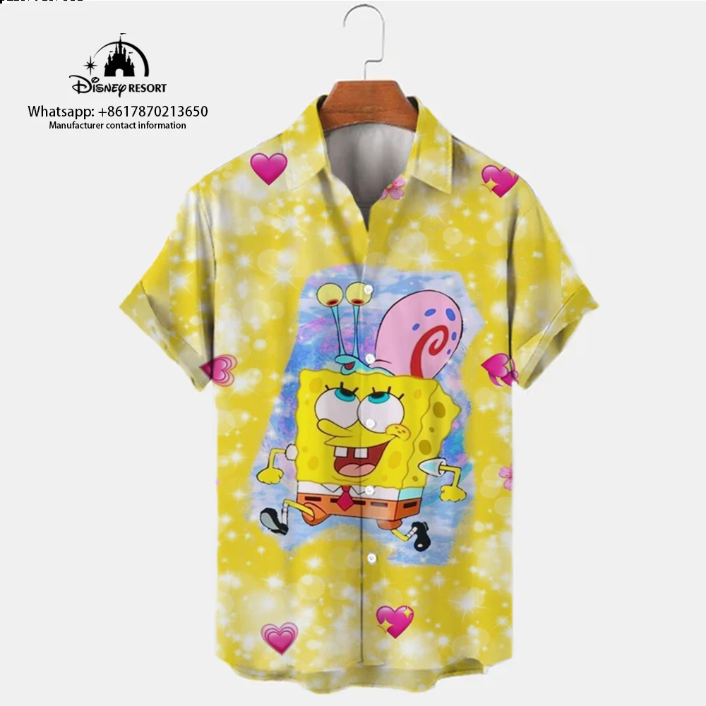 Summer Fashion 2024 New Harajuku Street Spongebob Cartoon Casual Trend Versatile Men's Lapel Short Sleeve Shirt Top