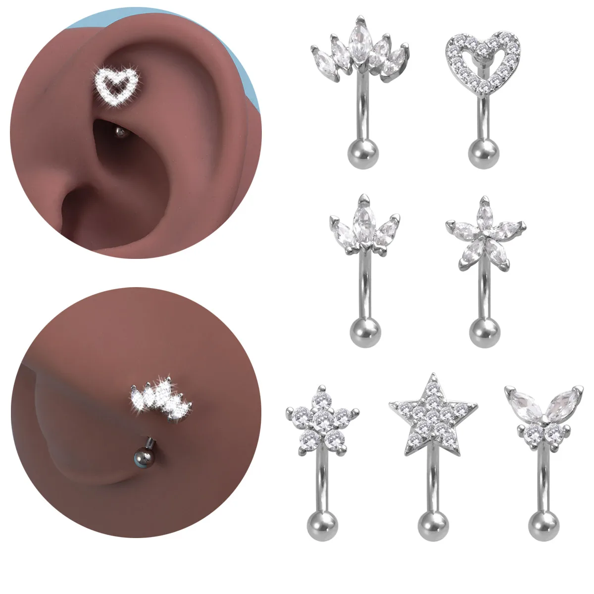 1pc Star Butterfly Eyebrow Ring for Women Girl Stainless Steel Zircon Eyebrow Stud Elegant Eyebrow Piercing Jewelry