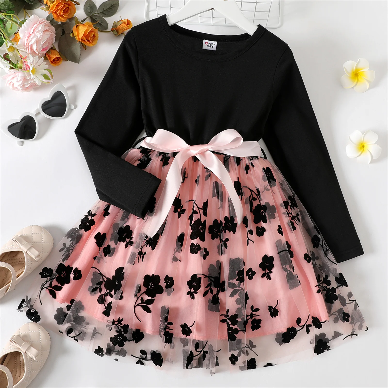 PatPat Kid Girl Dresses Floral Embroidered Belted Mesh Splice Long-sleeve Dress Kids Clothes