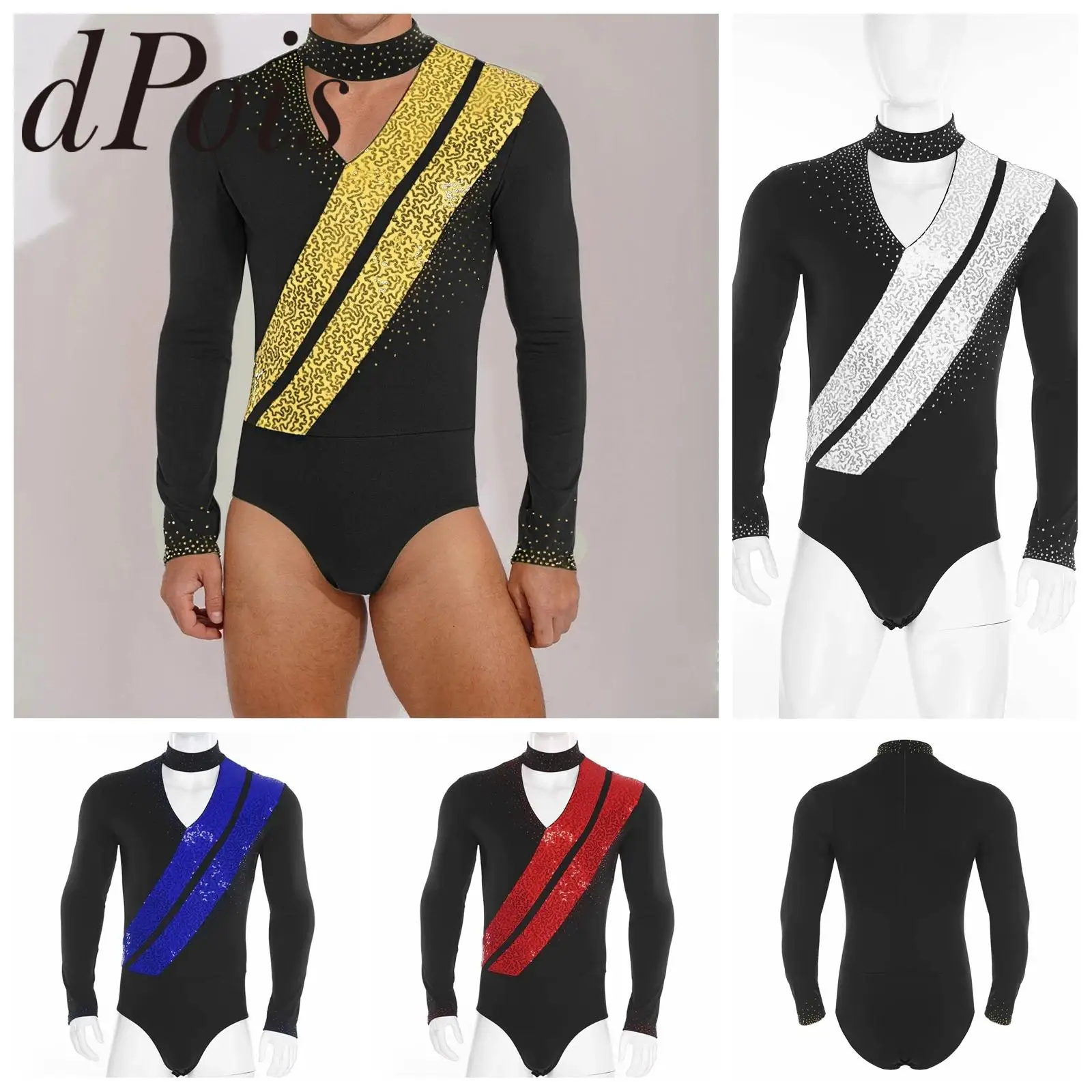 Mens Figure Skating Costume Glittery Sequins Acrobatics Bodysuit V Neck Long Sleeve Gymnastics Leotard Ballet Dance Jumpsuit