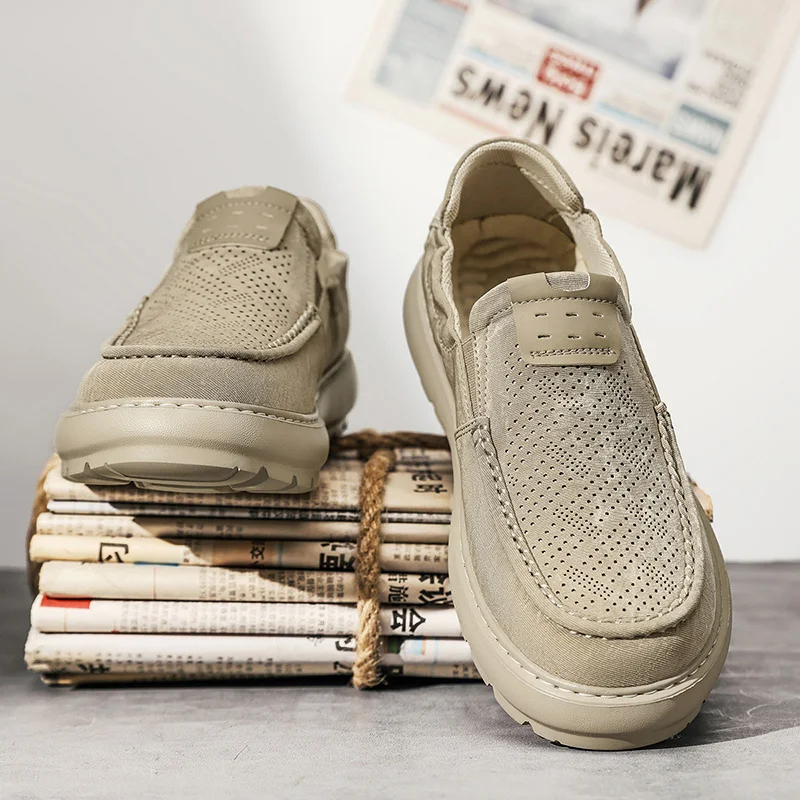 Summer Men Perforated Breathable Thick Soled CasualCloth Shoe Height Increasing Anti Slip Comfortable Middle-aged Commuting Shoe