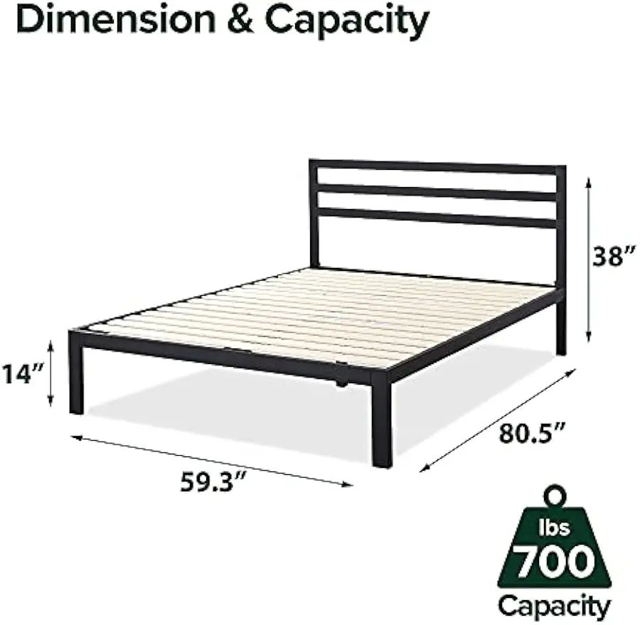 Mia Metal Platform Bed Frame with Headboard, Wood Slat Support, No Box Spring Needed, Easy Assembly, Queen