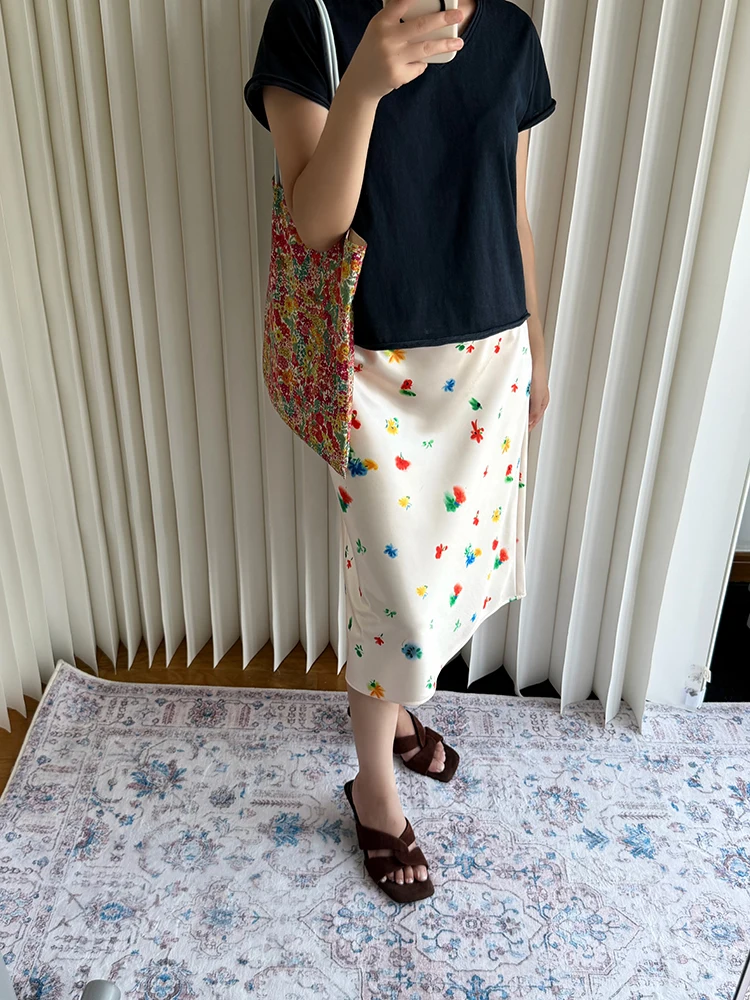 Women's Satin Floral Midi Skirt High Waist Bias Cut Slip Skirt Summer Casual A-Line French Style for Daily, Dating & Vacation
