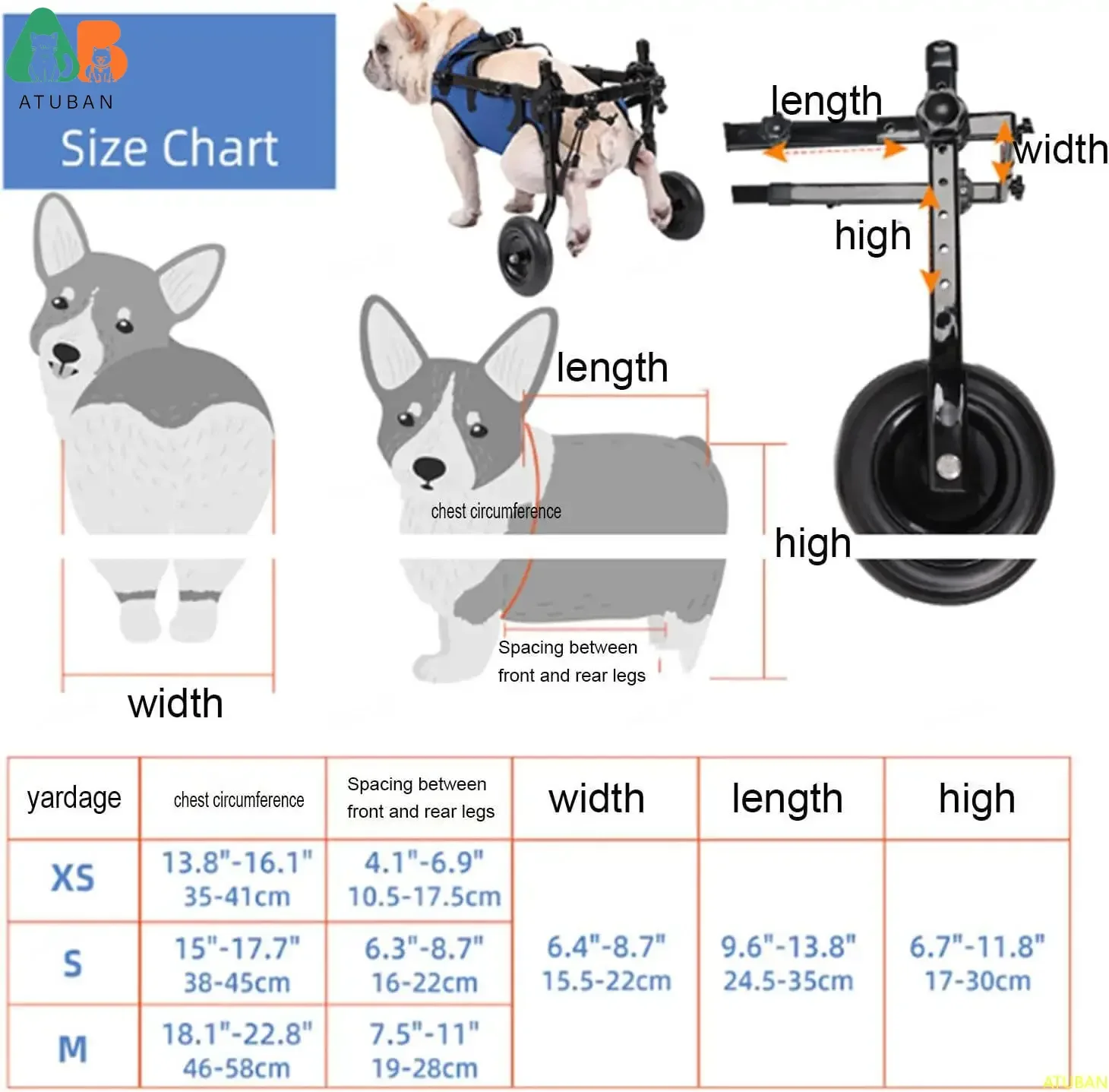 ATUBAN Cat & Dog Wheelchair, Adjustable Pets Cart with Wheels for Back Legs,Dog Brace and Hip Support, to Recover Their Mobility