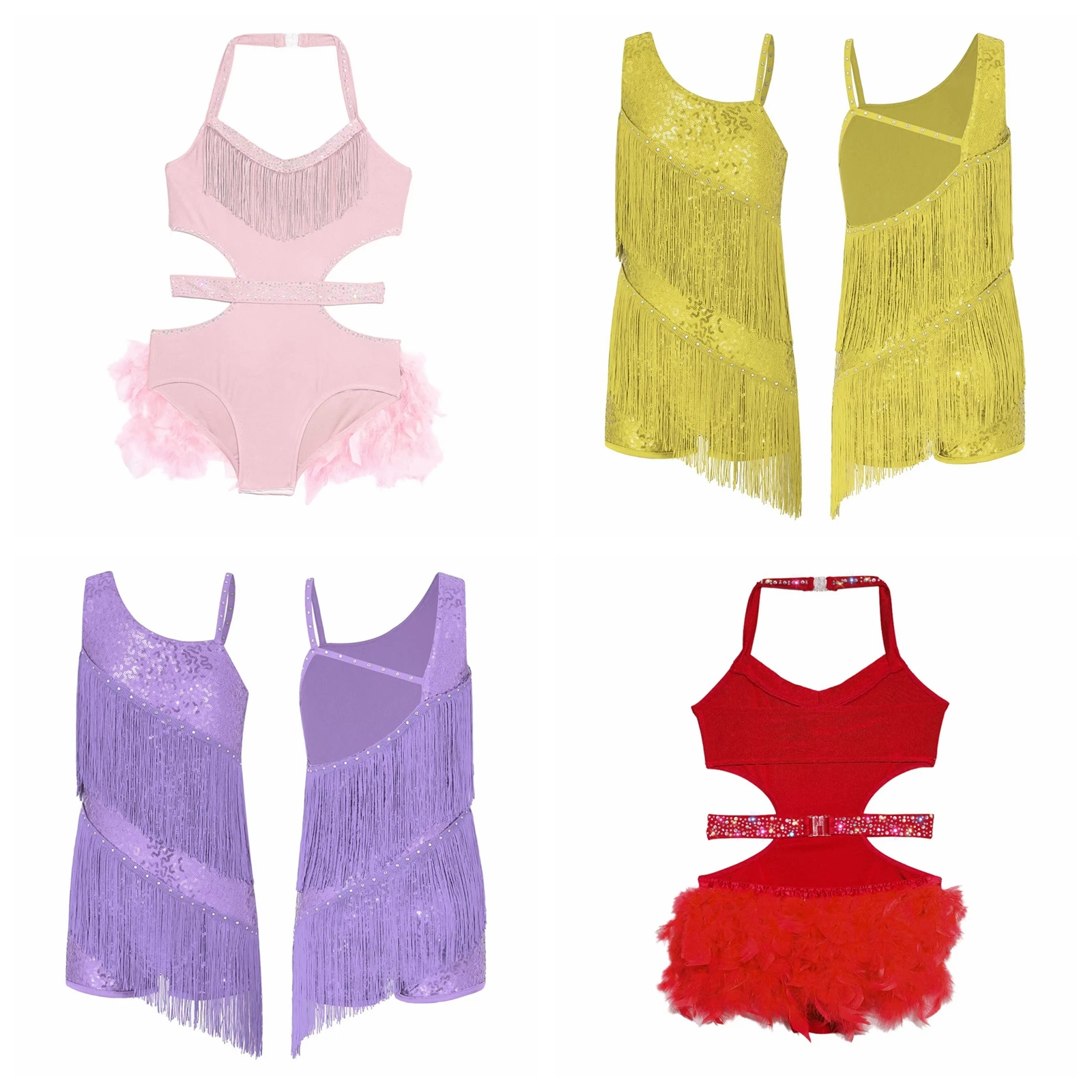 

Teens Latin Dance Costume Kids Girls Feather Skirted Leotard Sparkly Rhinestones Tutu Ballet Leotard Child Gymnastics Bodysuit