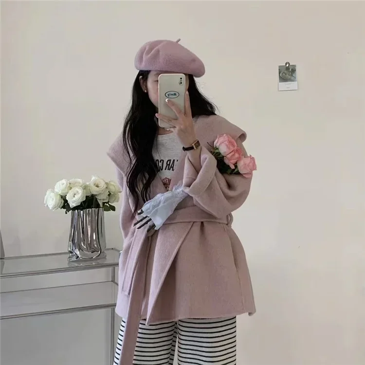 

bathrobe hooded coat temperament commuter double-sided wool women's coat long hair series