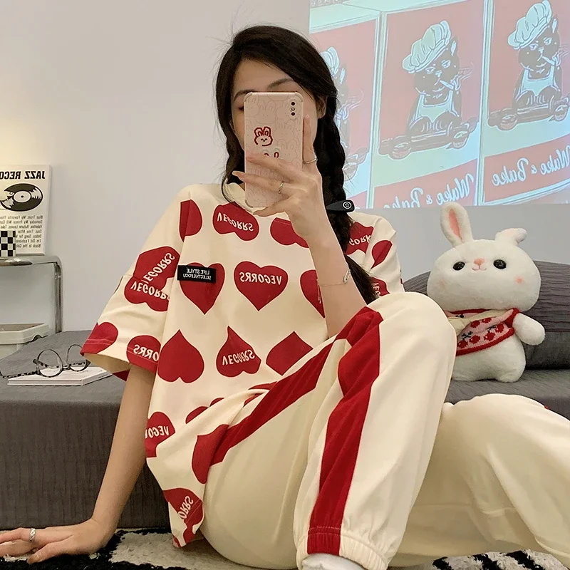 Women\'s Pajamas Summer Fashion Cotton Plus Size Woman Clothes Teen Girl Home Lingerie Top and Bottom Set 2 Pieces Sleepwear