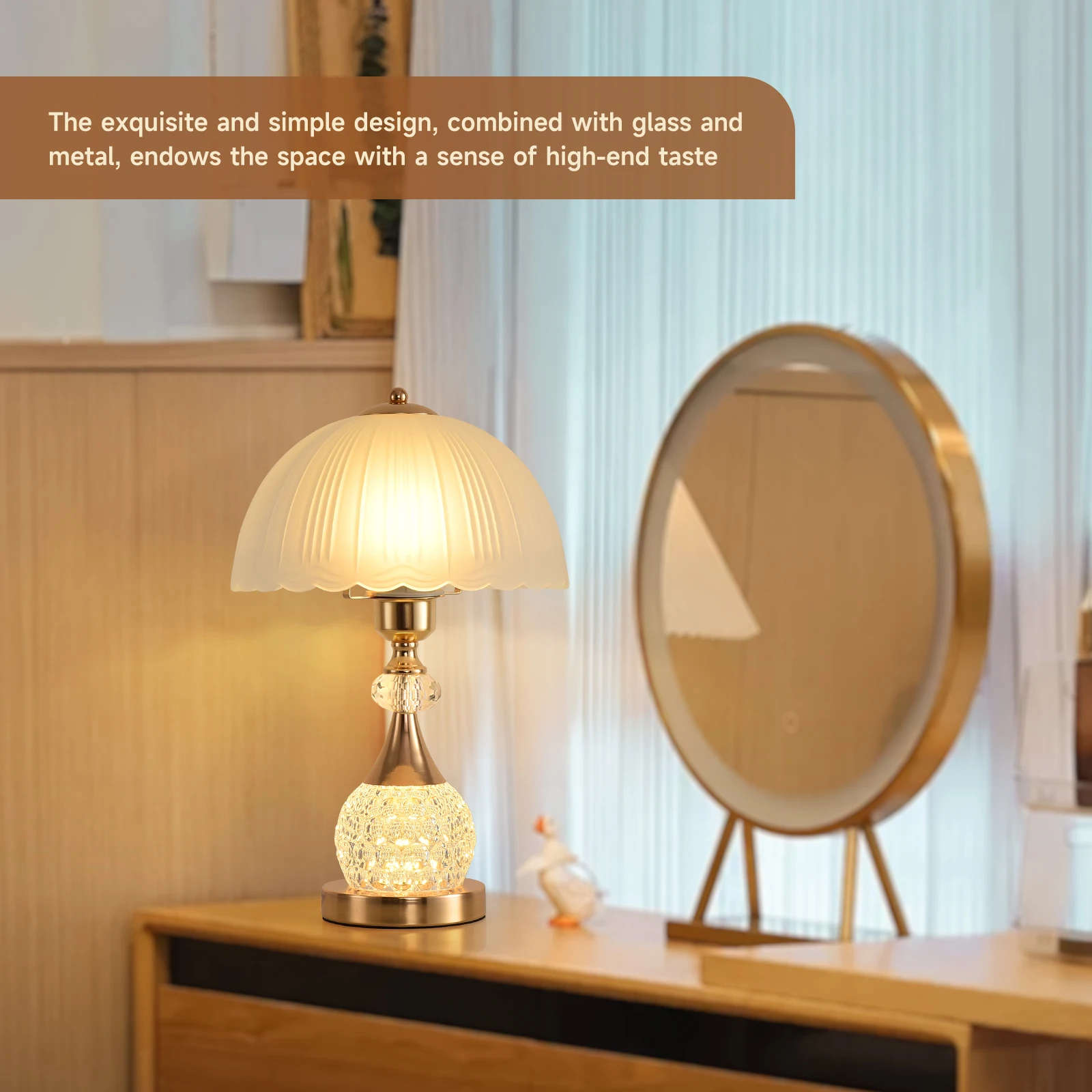 Lampa nocna na stolik, kryształowa, luksusowa, z przełącznikiem dotykowym, do sypialni, salonu, gabinetu, regulacja jasności, ciepła atmosfera, dekoracja.