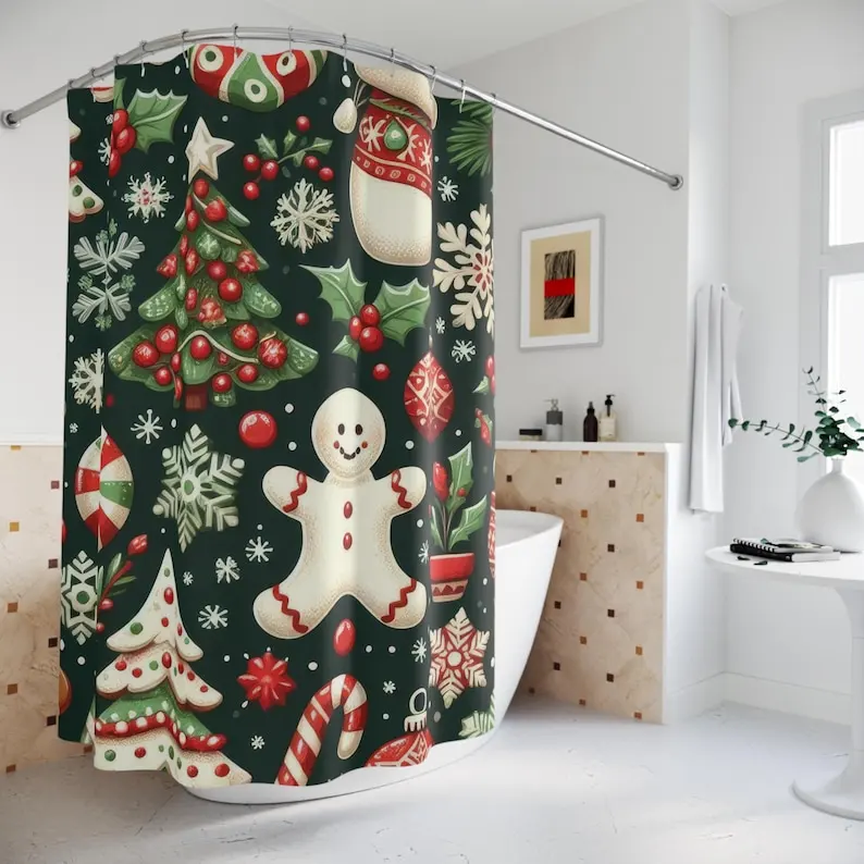 Christmas Gingerbread Man Shower Curtain, Holiday Themed Bathtub Decor, Colorful Holiday Bathroom Decor, Cottage Core Home Decor,  Xmas Bath