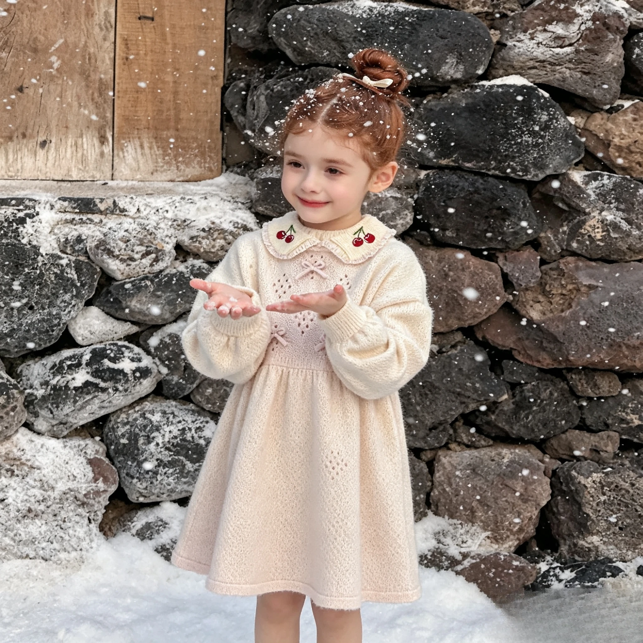 Girls Sweater Dress Fall Winter New Stylish Sweet Embroidered Cherry Knit Pullover Bow Knot Little Princess Dress