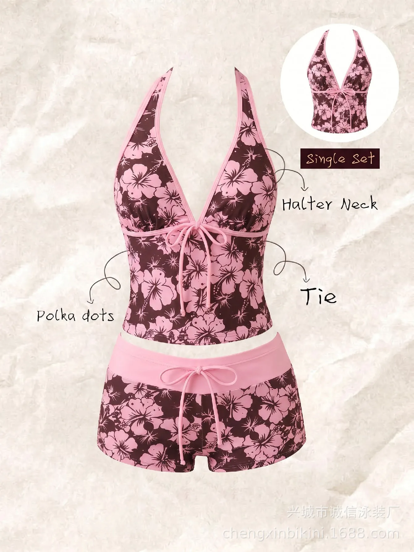 Kawaii Pink Dot Bikini Shorts Bowknot Halter Backless Swimsuit Deep V Swimwear Women's Bikinis and Tankinis Vacation Outfit Sets