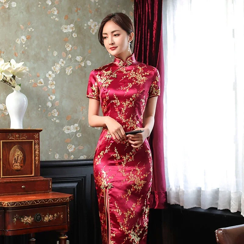 

Винно-красное тонкое китайское традиционное платье Cheongsam с коротким рукавом и разрезом спереди, винтажное платье, женское длинное платье сливового цвета Qipao