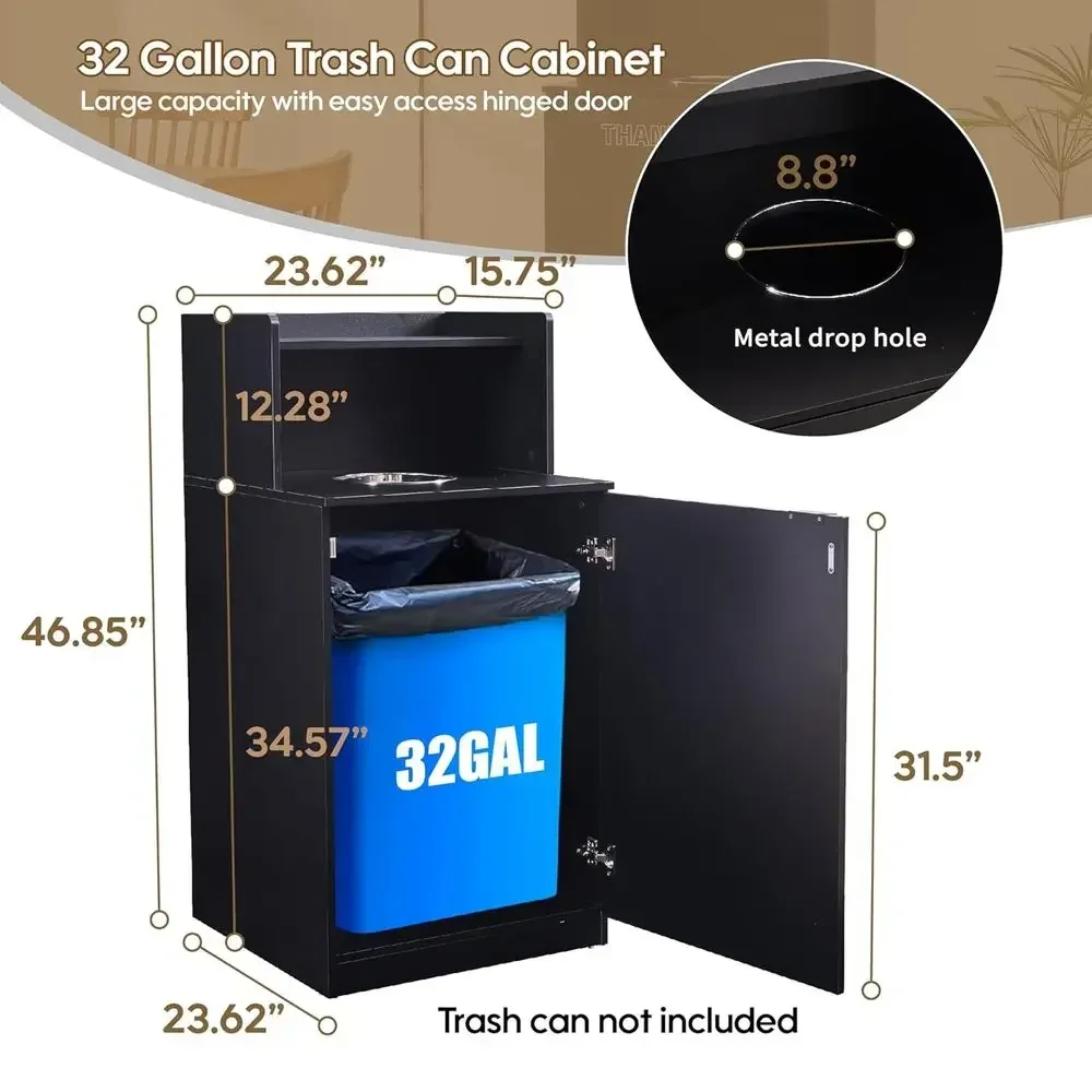 32 Gallon Wooden Restaurant Trash Bin with Tray Holder, Door, Suitable for Kitchen, Cafeteria, Office, School, Black