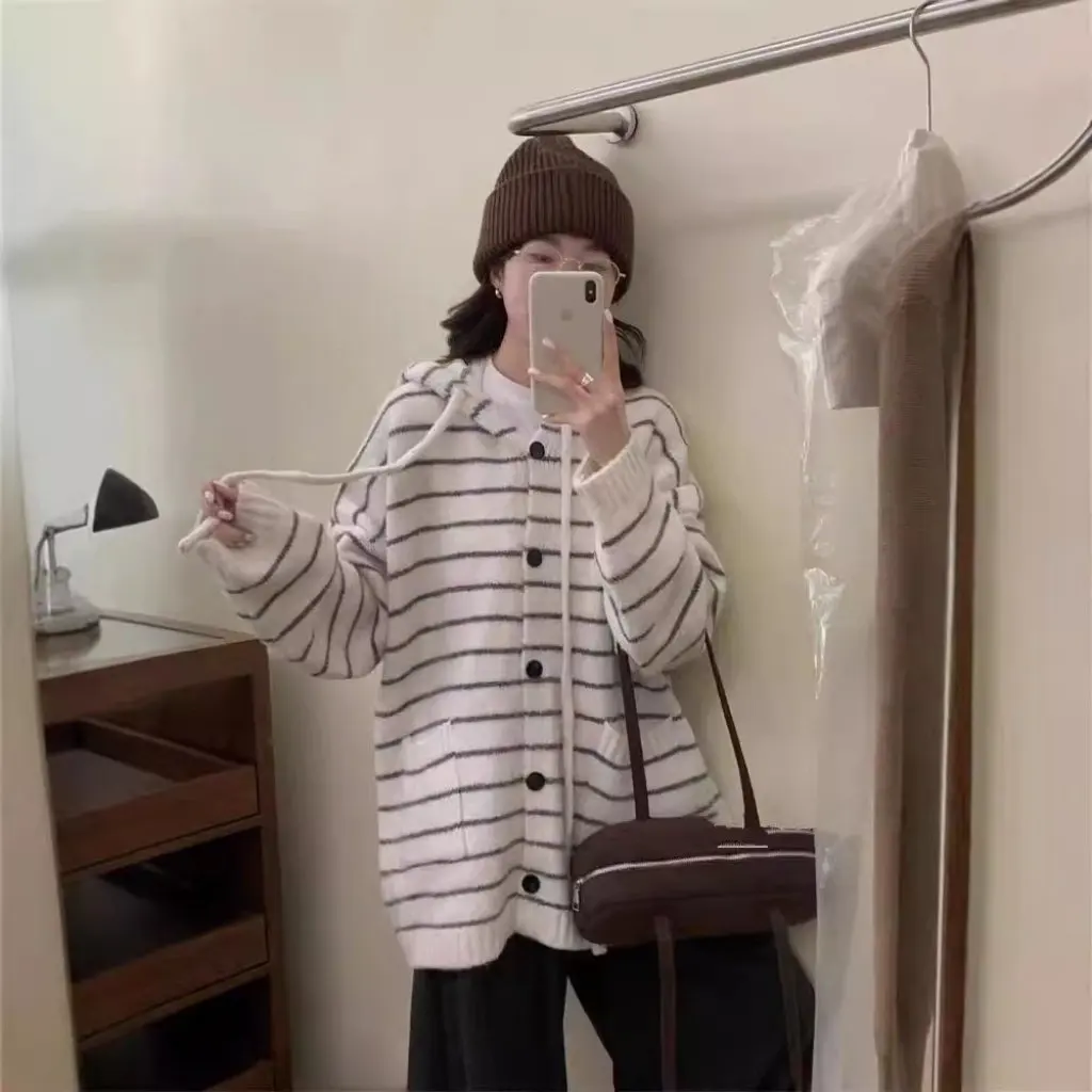 

Women's Korean Style Hooded Striped Knitted Cardigan Loose Fit Fashionable Lazy Style Sweater Jacket for Spring And Autumn