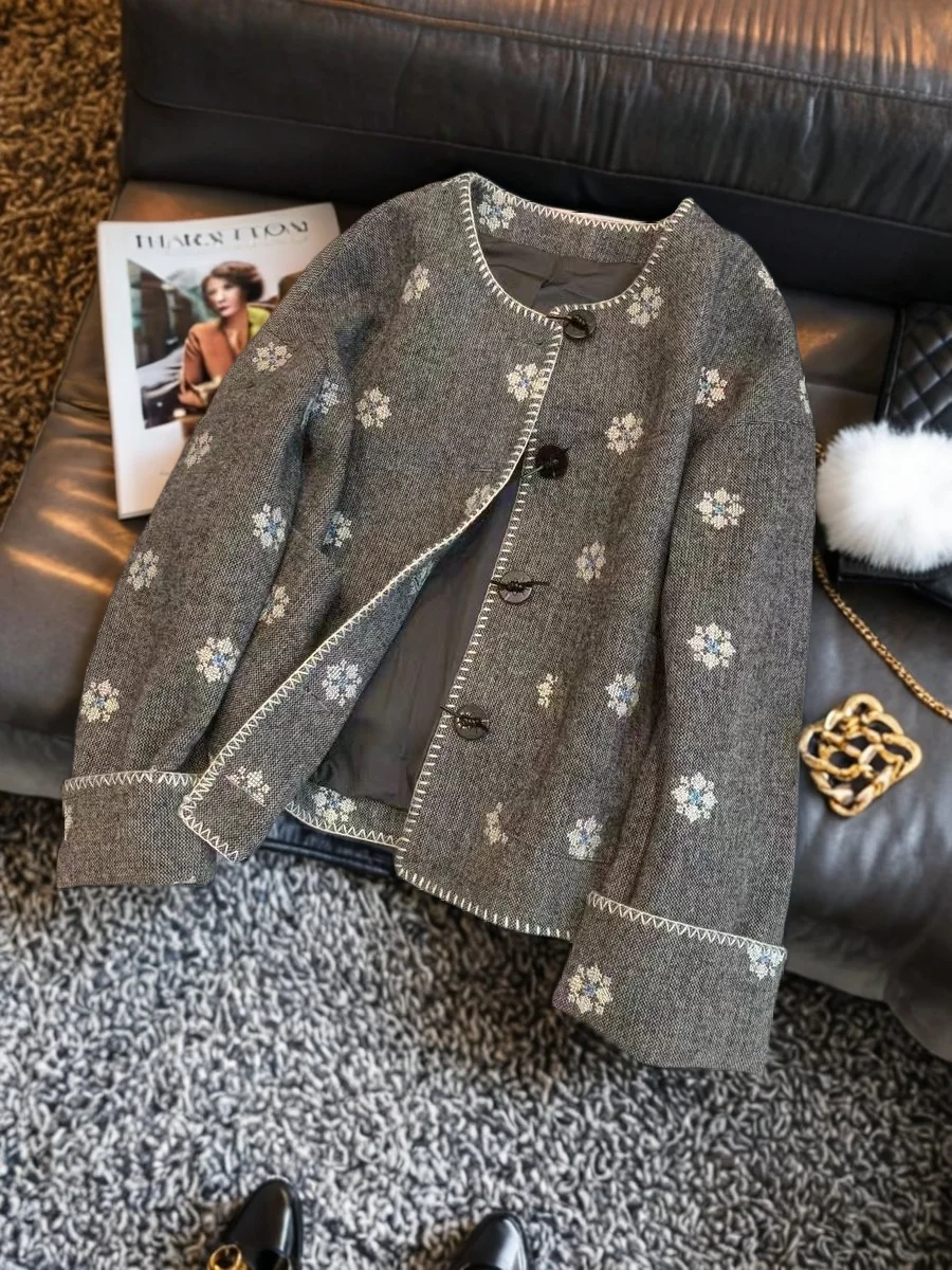 

Французское однобортное женское пальто, весенне-осенние свободные повседневные топы в стиле ретро с цветочным узором, круглый вырез, длинный рукав