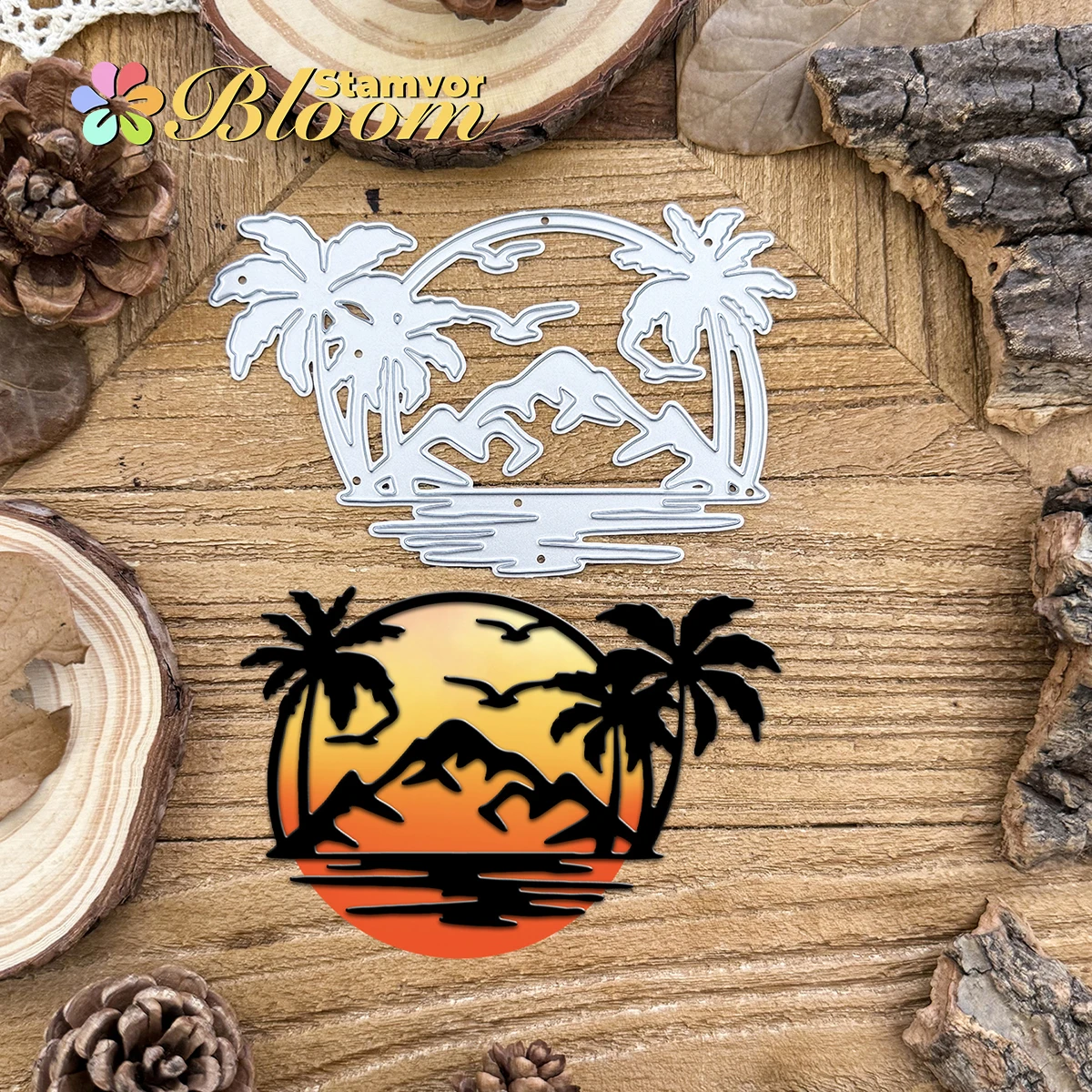Sommer Berg Kokospalmen Vögel Sonnenuntergang Silhouette Metall Stanzformen Scrapbooking Dekorative Prägung
