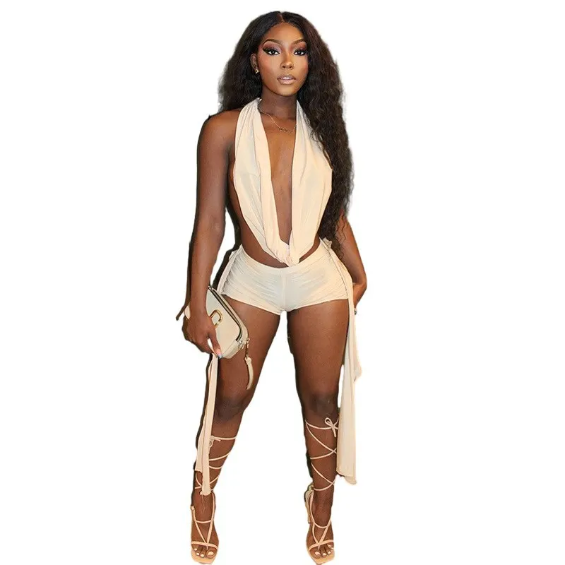 

Women's clothing sexy neck-hanging sleeveless backless top tight streamer two pieces shorts set
