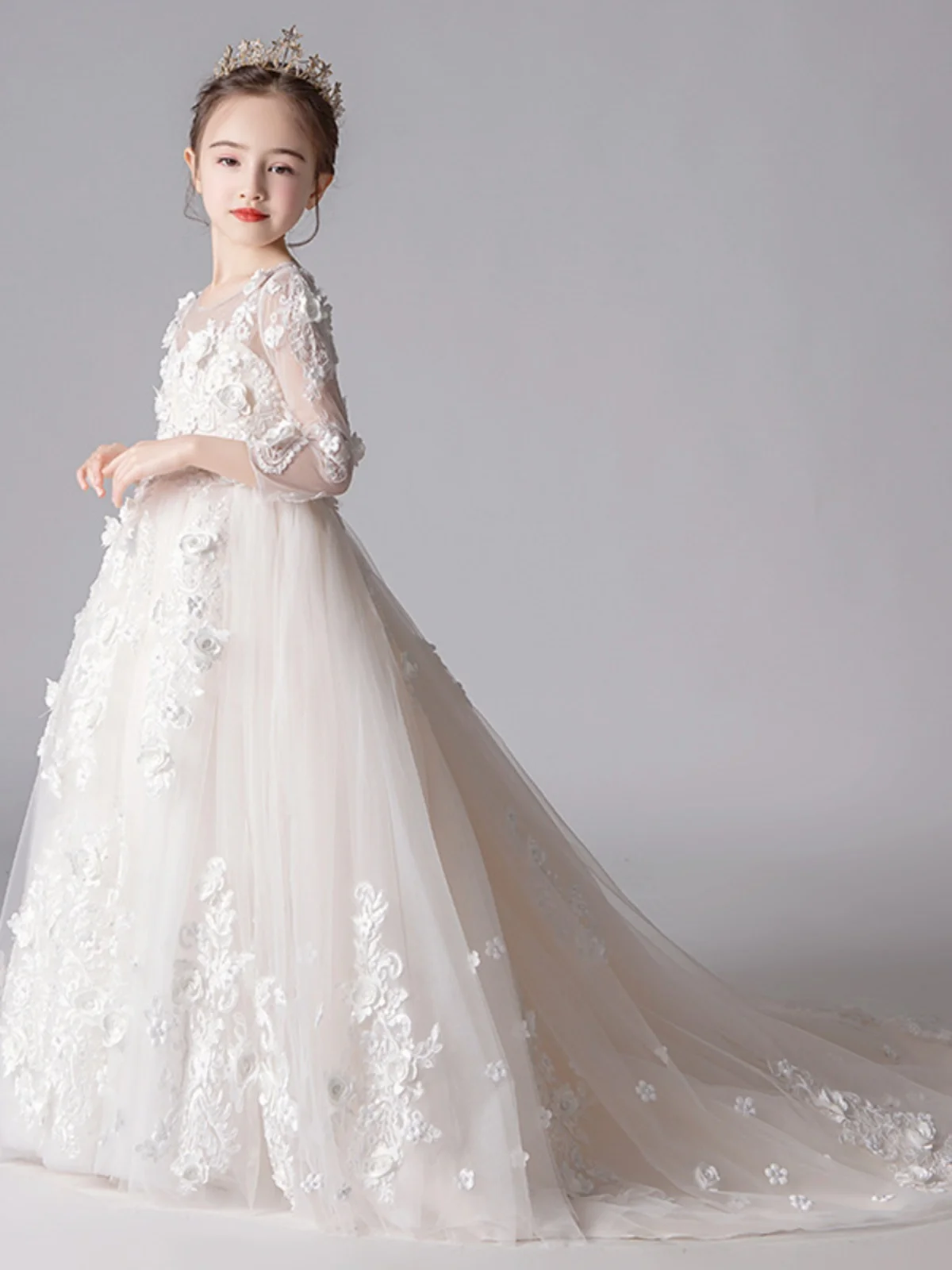 

Детское платье-принцесса с длинным шлейфом из фатина для выступлений, дня рождения, выступлений на фортепиано, праздничный наряд для девочек