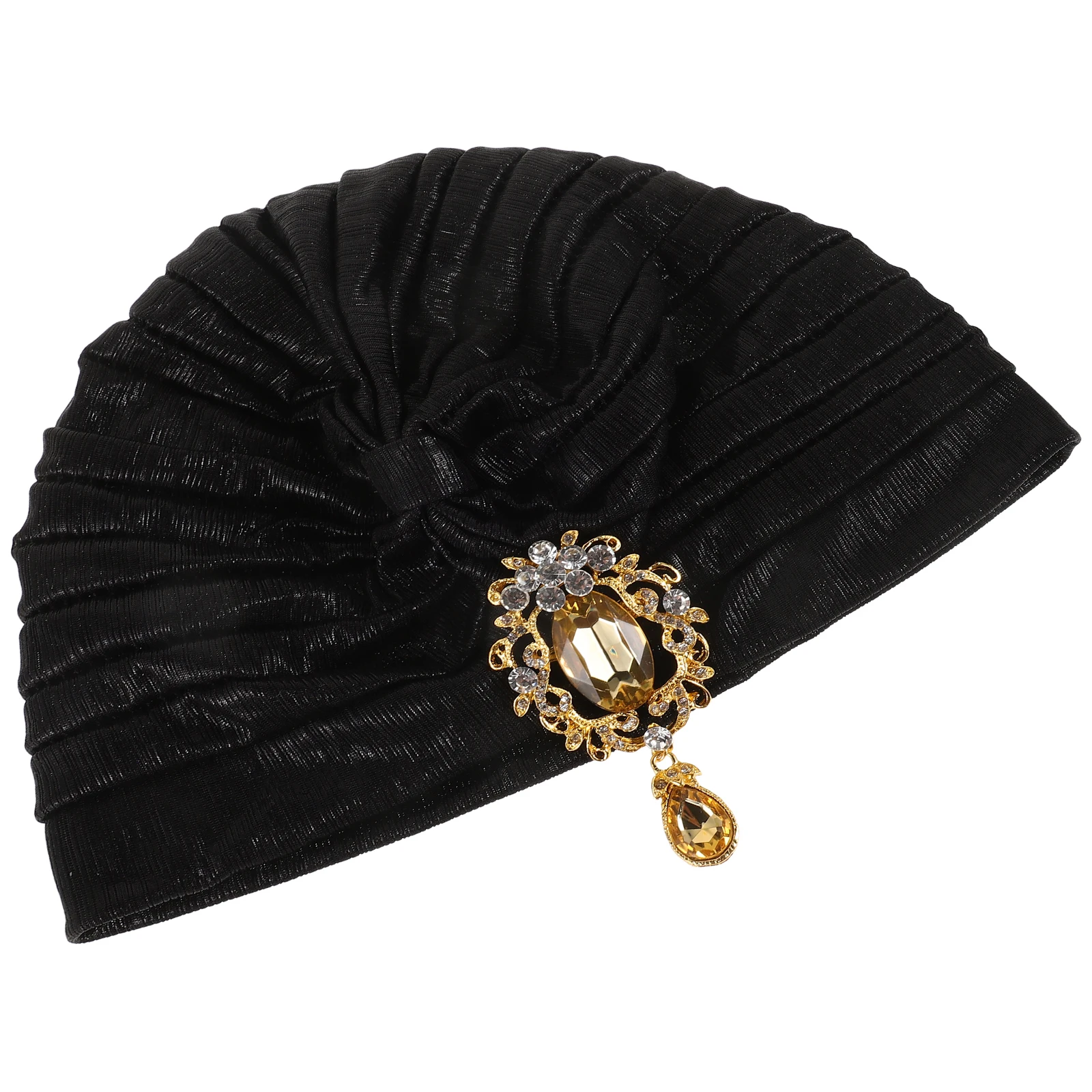 

1Pcs Trendy Alloy Rhinestone Turban Hat For Women Stylish Black Beanie Comfortable Pleated Hair Wrap Bonnet