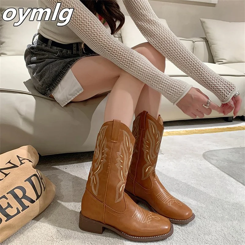 2024 New Coarse Heel Western Cowboy Boots V-neck Embroidered Sleeve Knight Boots Retro Mid Cap Square Head women boots