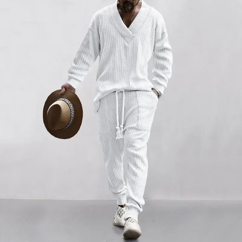 Men's 2026 Knitted Suit Sets Long Sleeve V-Neck Shirt with Drawstring Pants 2PCS Tracksuit Solid Color Pockets Features
