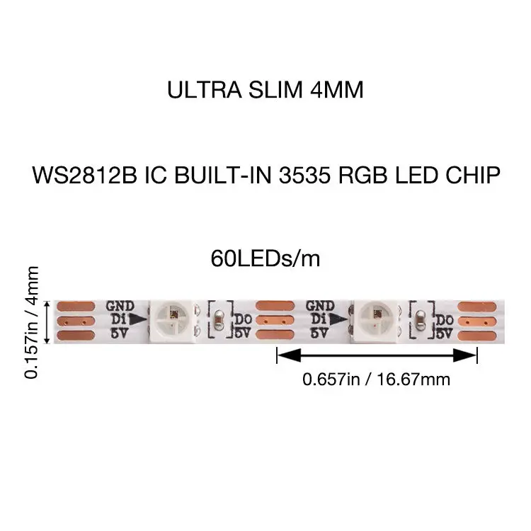 3mm Width PCB WS2812B Pixel LED Strip Mini 2020 SMD 60 72 96 LED/m RGB Individually Addressable Tape 5V Tape Light For Monitor