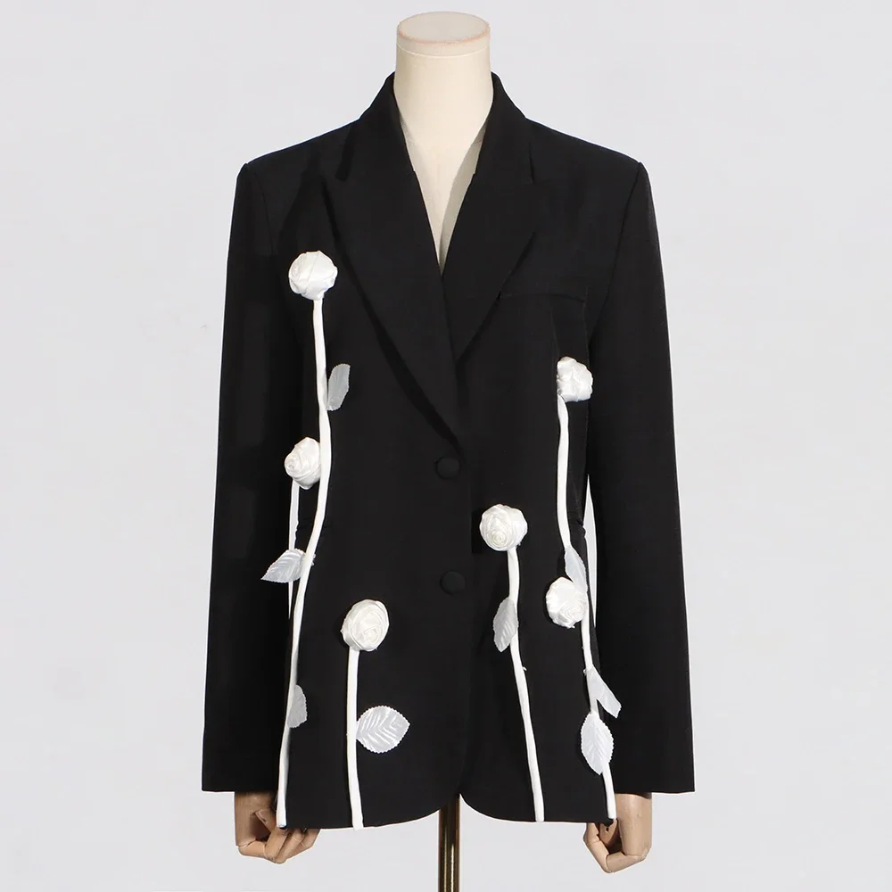 VGH Patchwork White Flower Slimming Blazer for Women Notched Collar Long Sleeve Spliced Button Designer Blazers Female Fashion