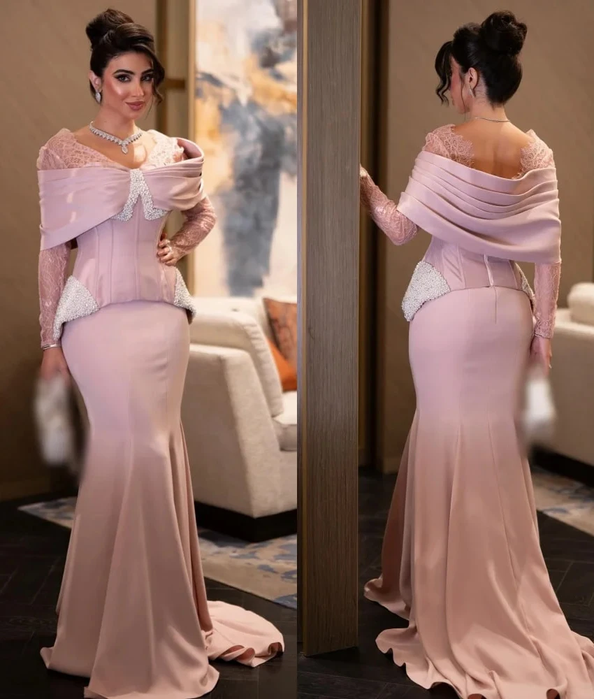 

MCDV Customized Exquisite Jersey Mermaid Lace Pearls Beading Evening Dress Graceful V-Neck Long Sleeves Bespoke Occasion Gowns