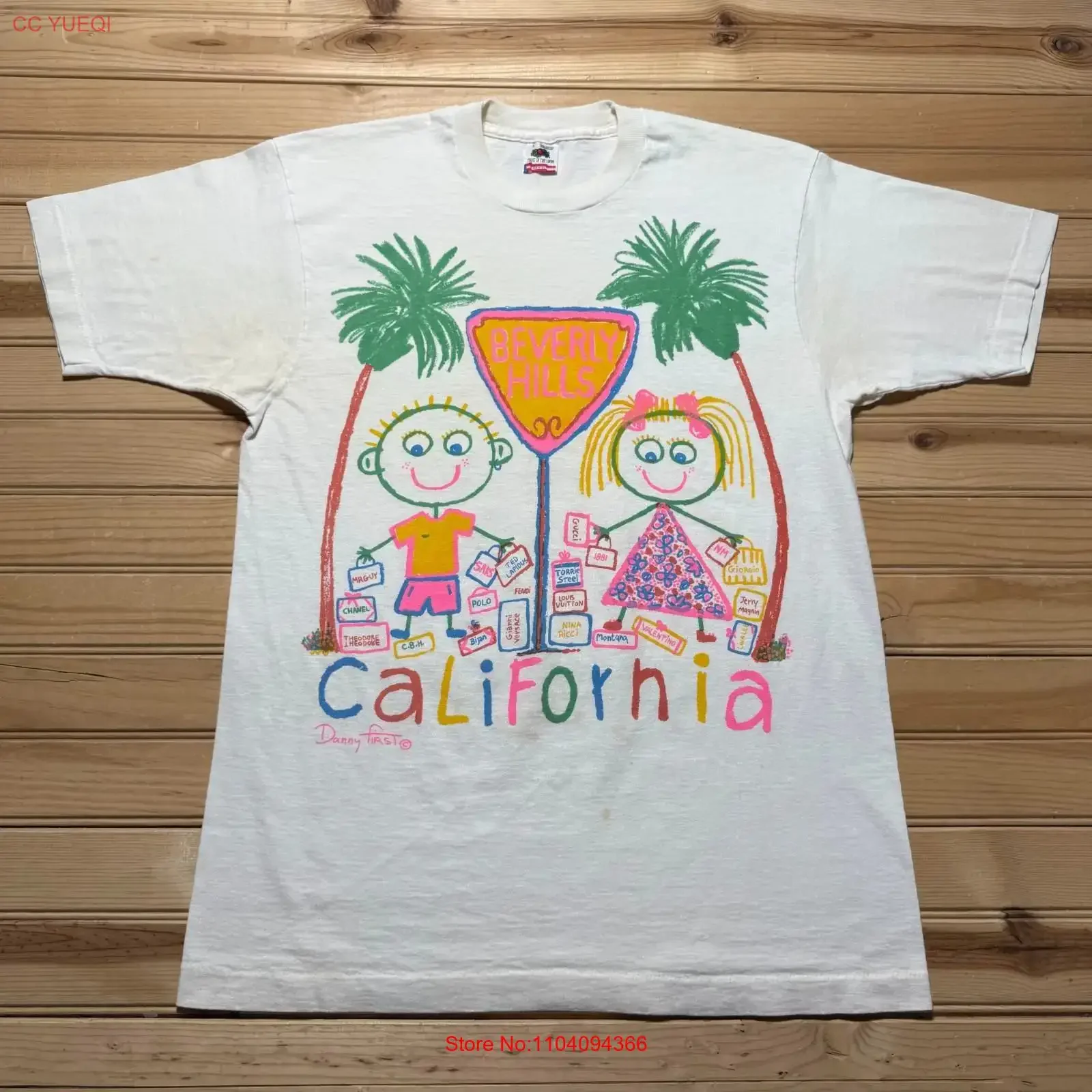 Camiseta vintage de los años 90 de Beverly Hills, California, con diseño de Danny First Shopping Art, talla grande, ropa de diseñador vintage lavada, estilo streetwear