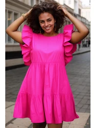 Women Ruffle Sleeve Plus Size Mini Dress Sleeveless Round Neck Solid Pleated A-Line Sexy Casual Vintage Elegant Summer Dresses