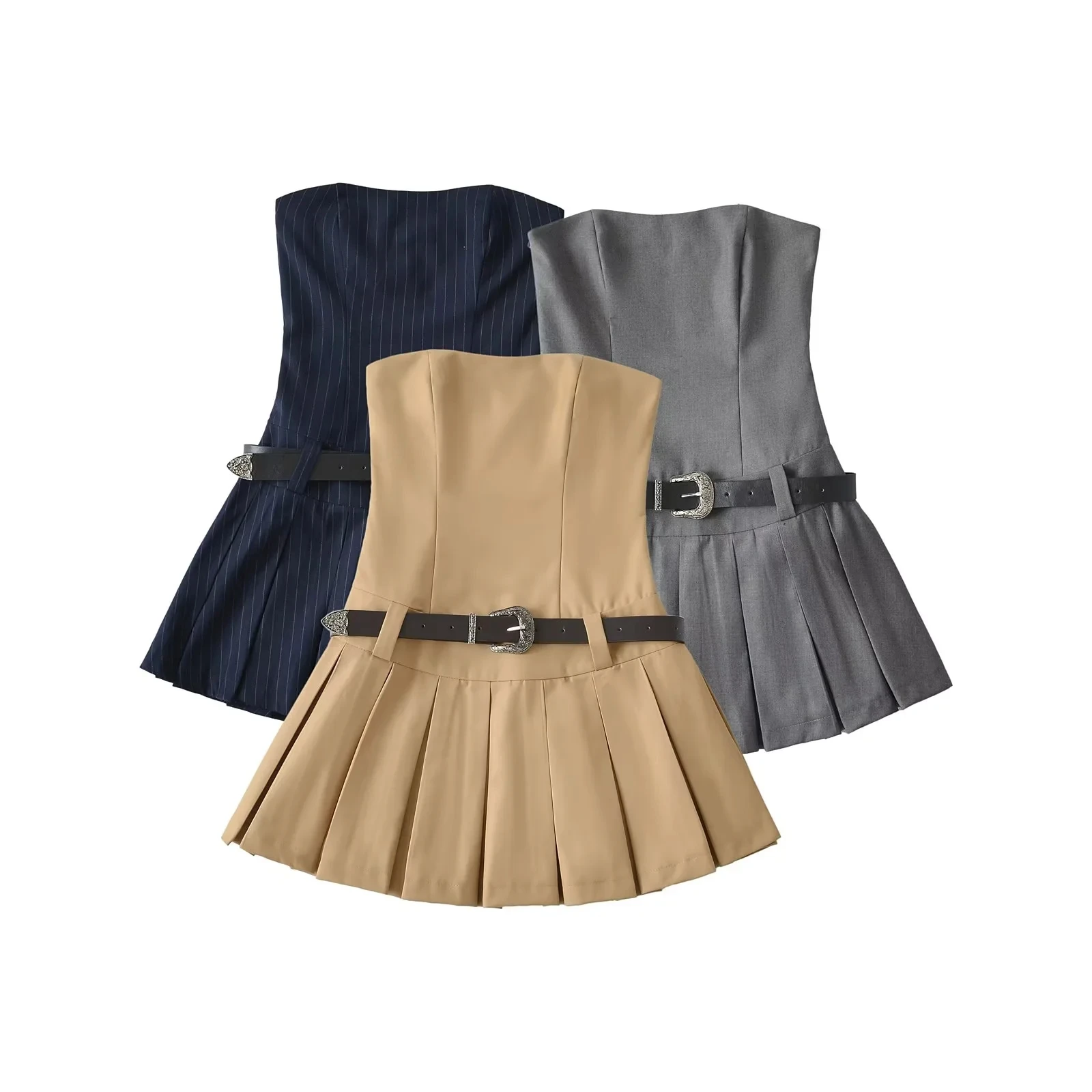 バレエ風スリムフィットセクシーショルダーベアードチューブトップドレス-レディース-夏-カレッジスタイル-ショー-フィギュア-ウエストシェイプ-プリーツショートスカート