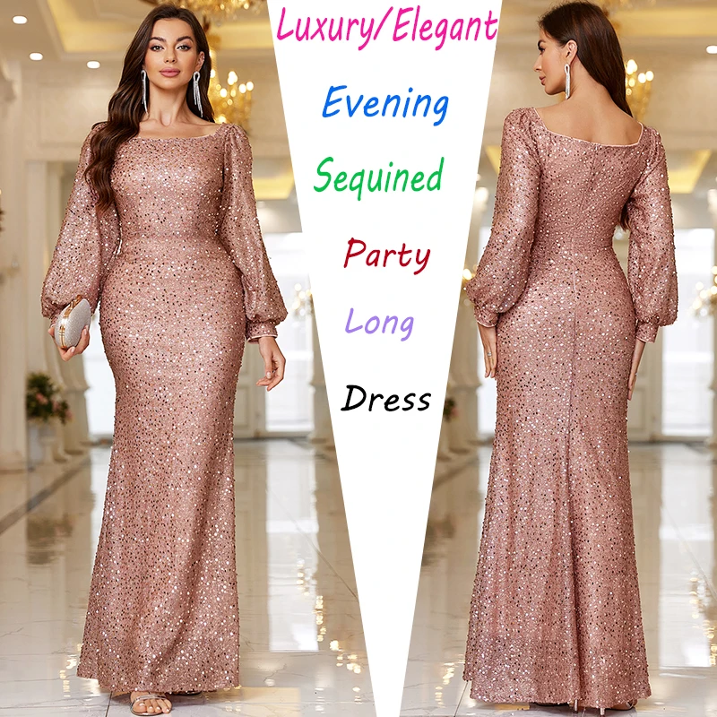 

Fashion Luxury Sequined Shinny Dress Women Long Flare Sleeve V-neck Elegant Evening Dresses Female Party Club Vestidos 2024