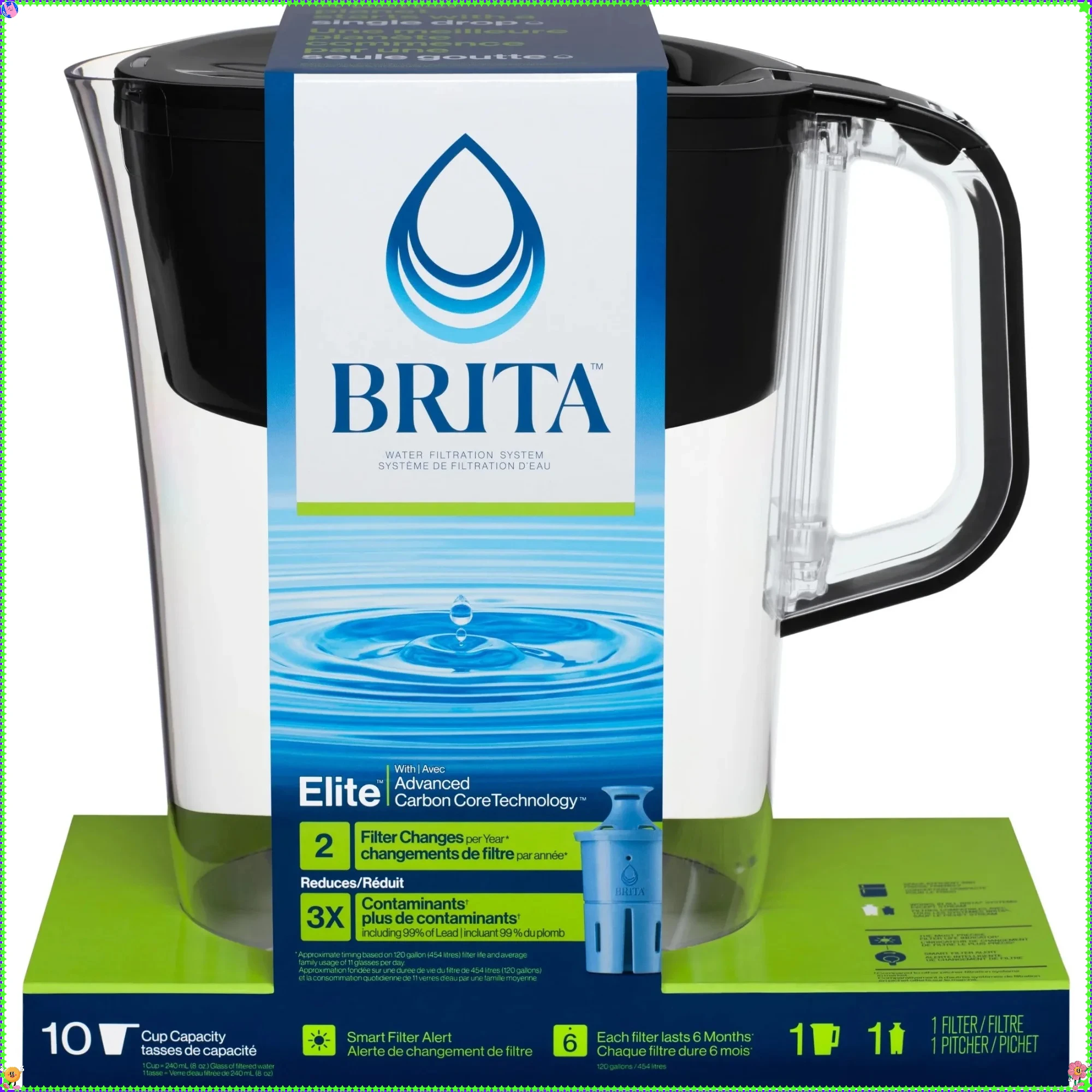 

Большой 10-чашковый черный кувшин с фильтром для воды с 1 фильтром Brita Elite, изготовленный без BPA