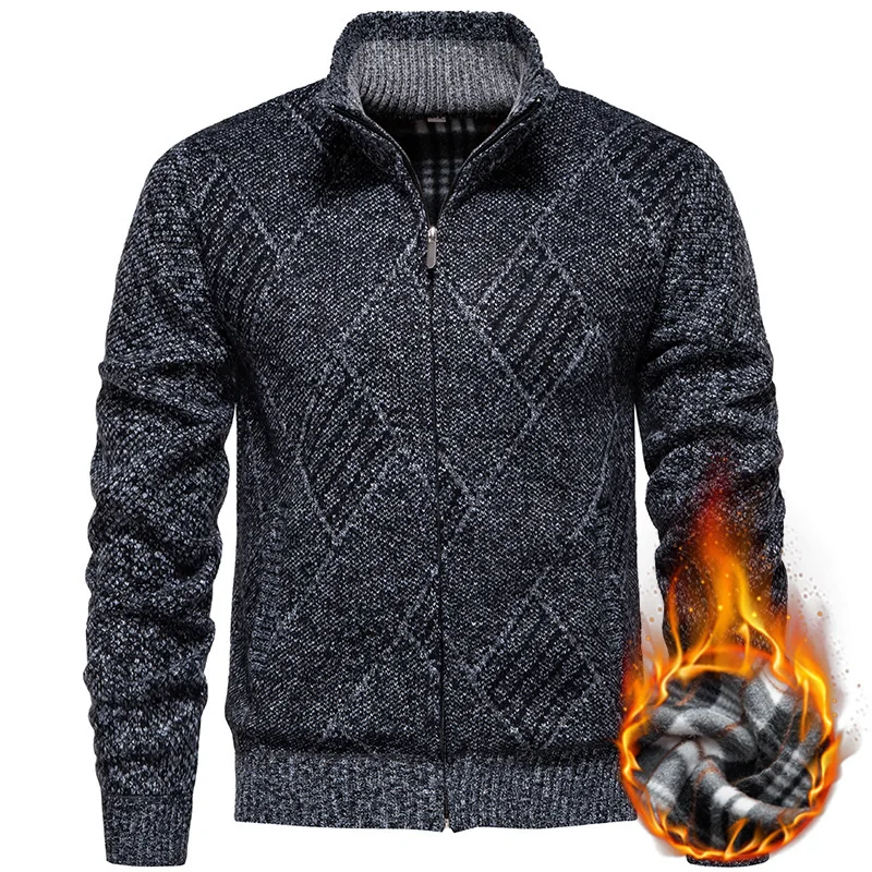 2025 Men's New Men Winter Stand Collar Knitted Sweater Fleece Lined Thickened Cardigan Coat Thermal Insulated Warm Outwear