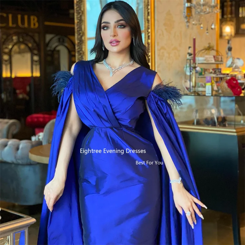 Eightree gaun malam biru Royal Vintage dengan jubah bulu gaun malam abendtleider gaun acara pesta Prom Dubai 2024