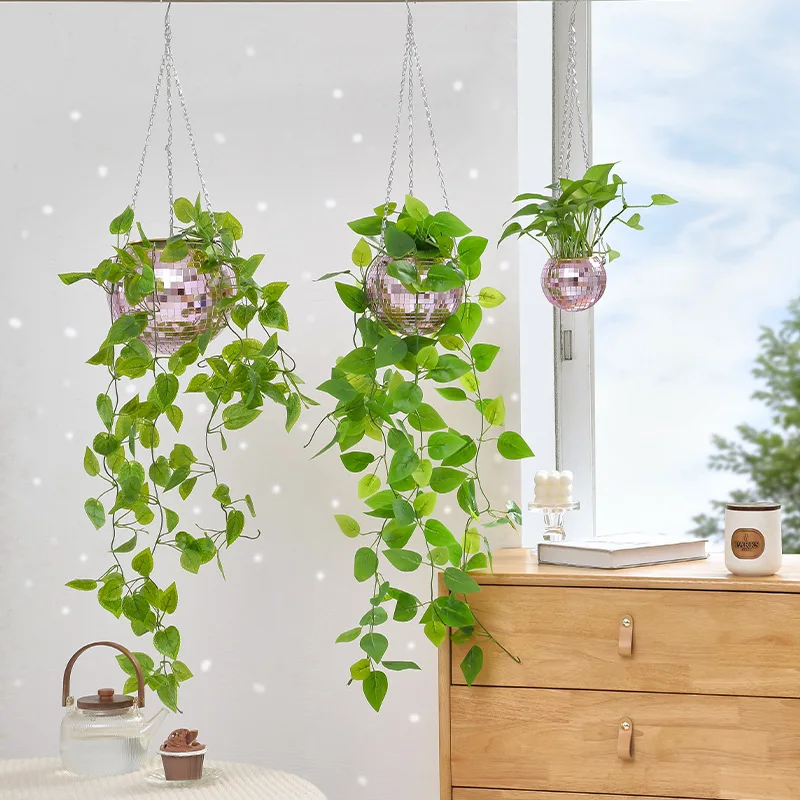 Plastic Spherical Flower Pot Disco Hanging Planter Reflective Mirror Lens