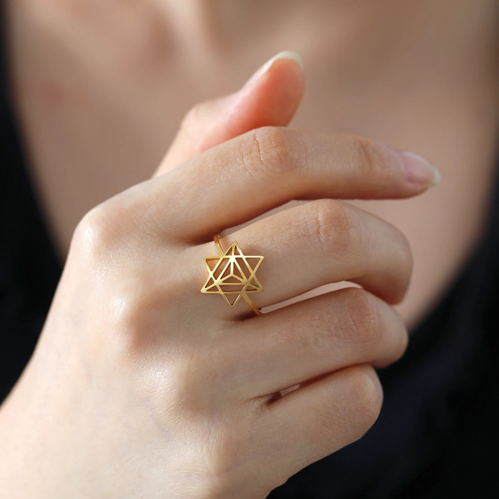 Skyrim Merkaba Star Sacred Geometry Ring Women Stainless Steel Gold Color Finger Rings Wedding Band Meditation Jewelry Wholesale