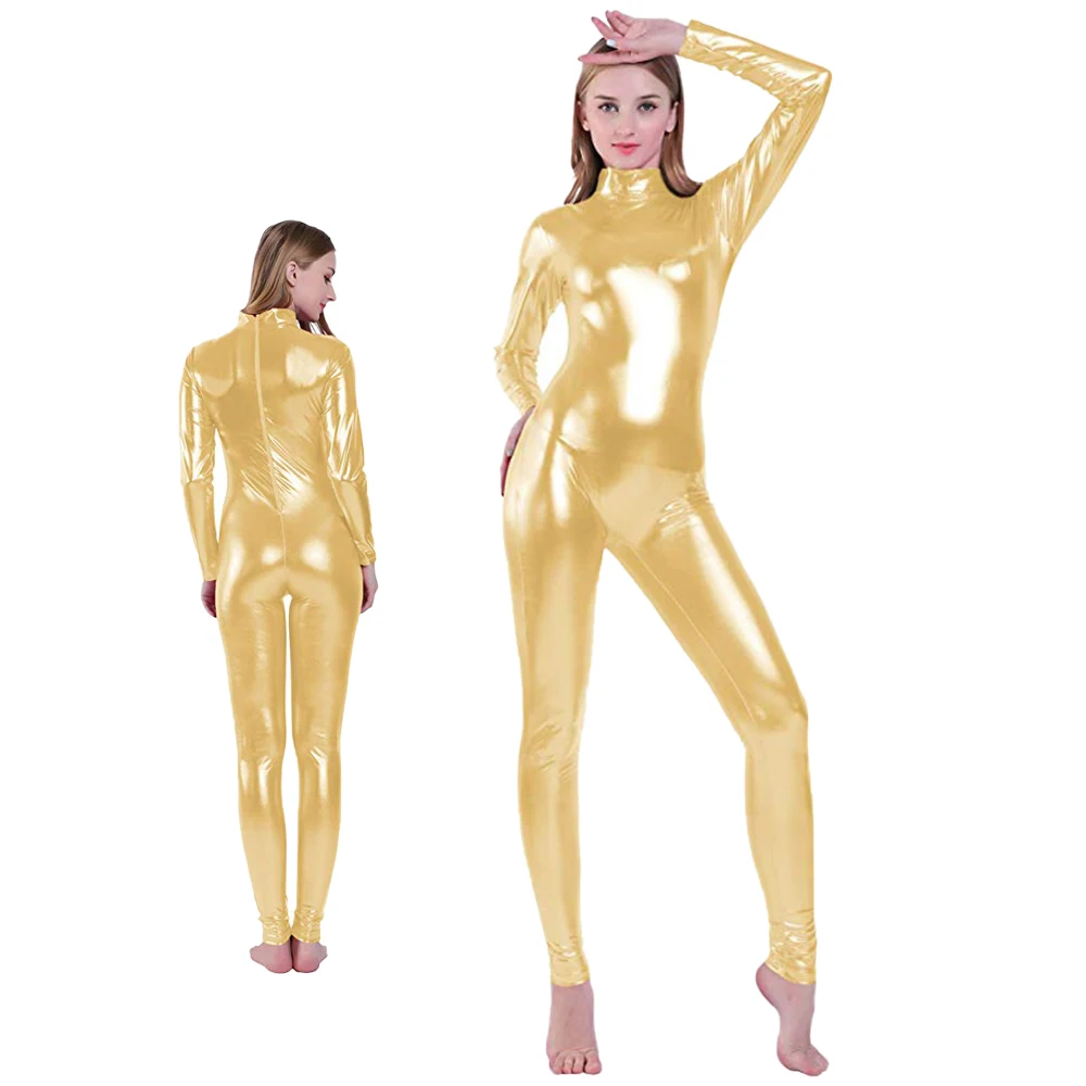 AOYLISEY Women Shiny Metallic Full Body Unitard Long Sleeve Dancewear Leotard One Piece Ballet High Neck Gym Stage Yoga Costume