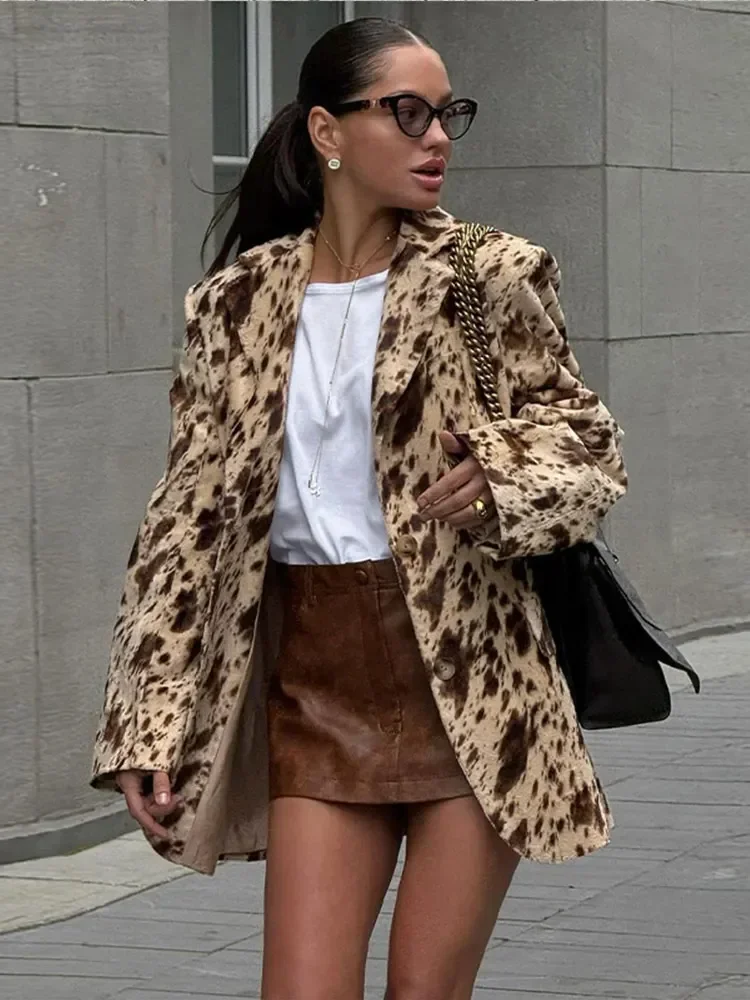 Vintage Leopard Print Lapel Coat For Women Fashion Single Breasted Long Sleeve Jacket Autumn Female Casual High Streetwear 2024