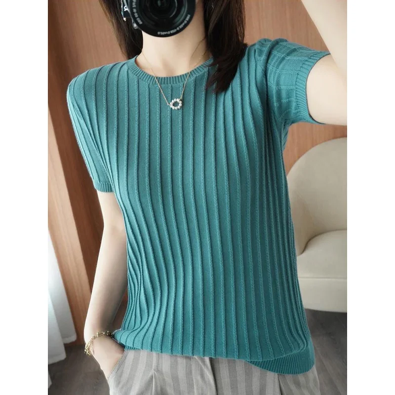 2023 New Summer Fashion Commuting Simple Round Neck Pit Knit Slim Fit Relaxed Solid Color Versatile Short Sleeve Women\'s T-shirt