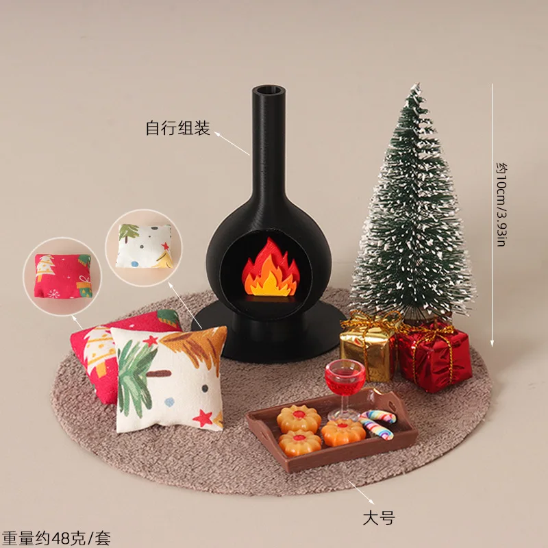 1/12 Vintage Fireplace Mini Christmas Scene Kit, Dollhouse Winter Decor Accessory, Xmas Tree Cushion Wine Snack Prop for OB11