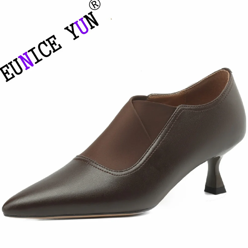 

【EUNICE YUN】Hot New Spring Genuine Leather Pointed Toe Women Pumps Shoes for High Heels Deep Mouth Loafers 34-40