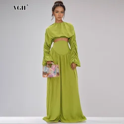 VGH Chic Solid Two Piece Set For Women Round Neck Long Sleeve Tops High Waist Skirts Elegant Spliced Folds Sets Female Fashion