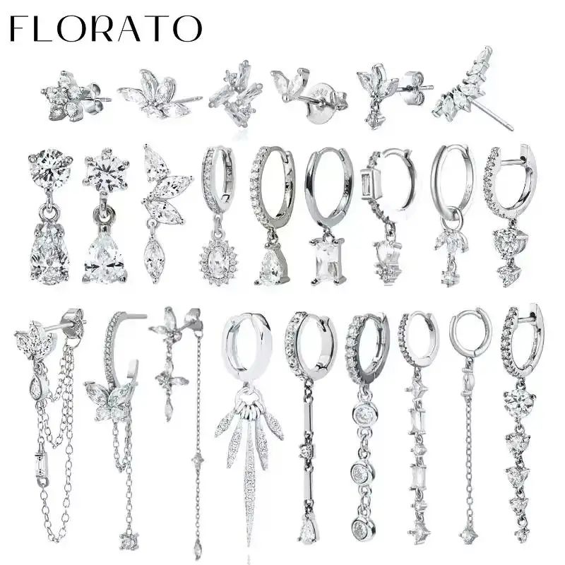 

Women Pure Silver Series 925 Sterling Silver Ear Needle Geometric/Butterfly Flowers Pendant hoop Earrings Crystal Zircon Jewelry