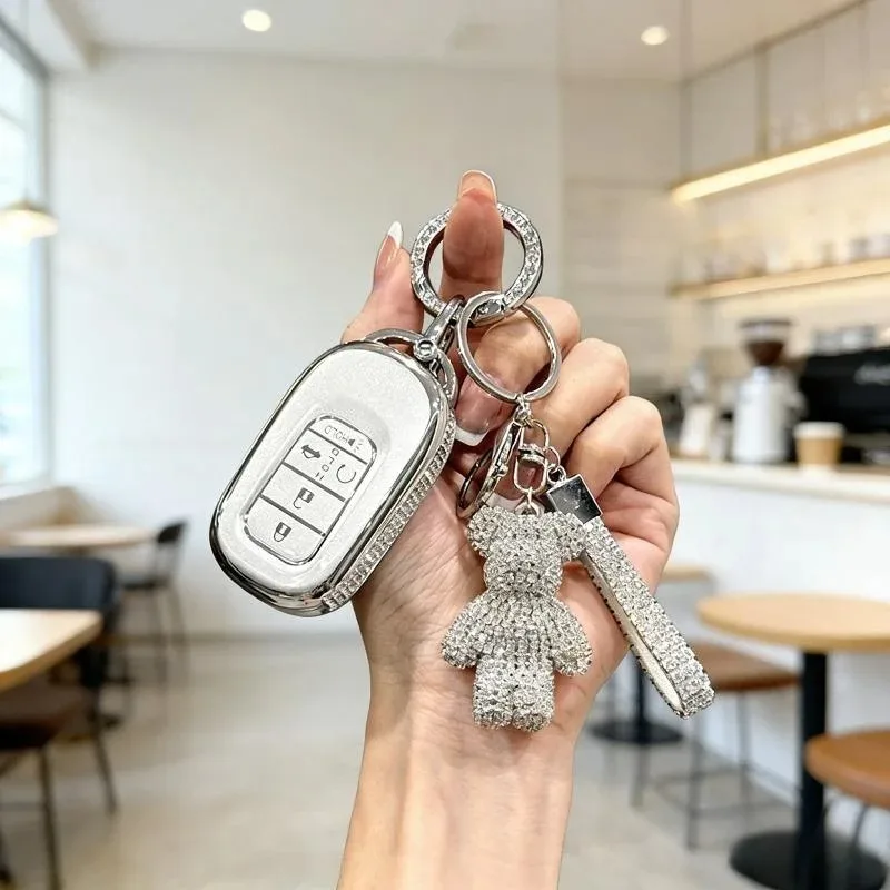 

[ Side Diamonds ] 4 Buttons TPU Car Key Case Cover Shell Fob for Honda Accord CR-V Civic Odyssey Pilot Insight Passport