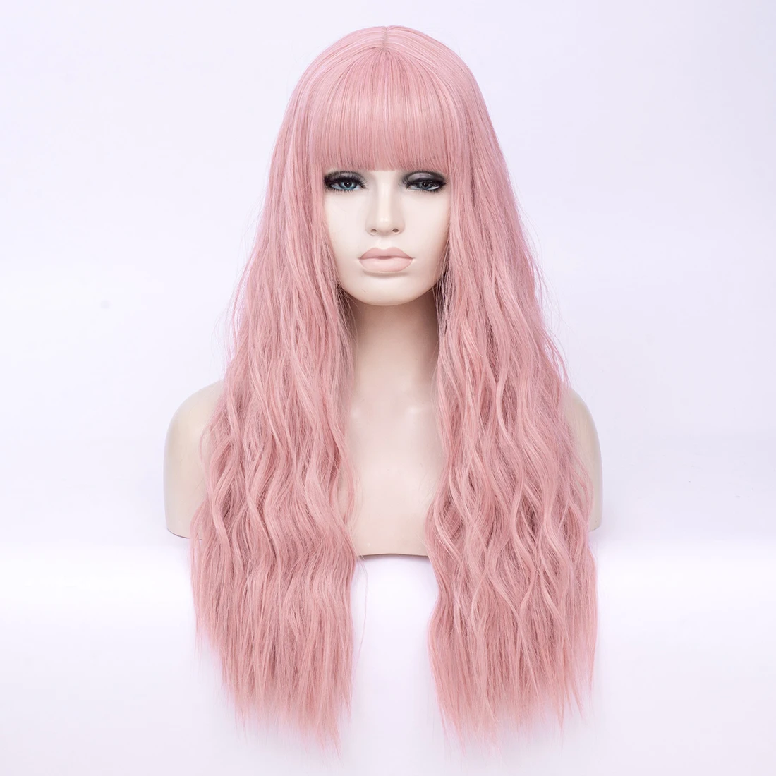 Long Wavy Pink Synthetic Wig For Cosplay Women’s Heat Resistant With Bang for Halloween Party Looks